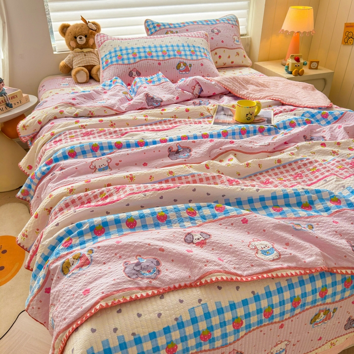 91家纺网 家纺一手货源 找家纺 梵朴 2026新款A类泡芙双层纱贝壳边床盖夏被四件套三角针夏凉被空调被 快乐小狗