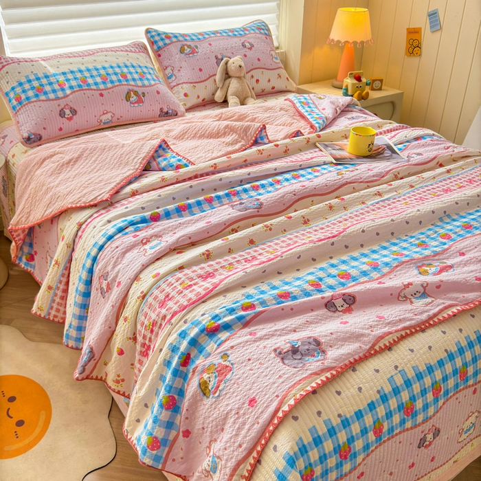 91家纺网 家纺一手货源 找家纺 梵朴 2026新款A类泡芙双层纱贝壳边床盖夏被四件套三角针夏凉被空调被 快乐小狗