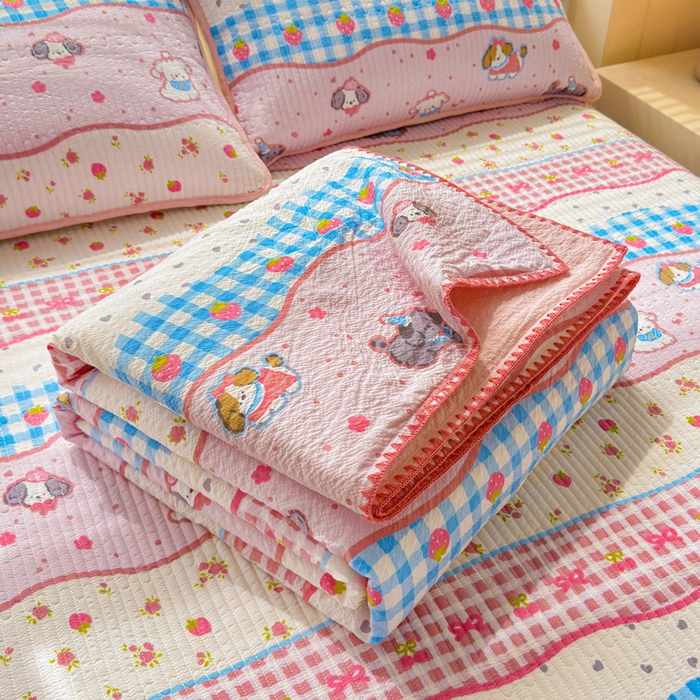 91家纺网 家纺一手货源 找家纺 梵朴 2026新款A类泡芙双层纱贝壳边床盖夏被四件套三角针夏凉被空调被 快乐小狗