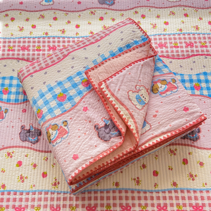 91家纺网 家纺一手货源 找家纺 梵朴 2026新款A类泡芙双层纱贝壳边床盖夏被四件套三角针夏凉被空调被 快乐小狗