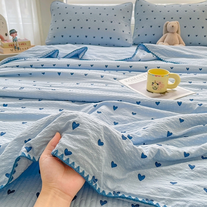 梵朴 2026新款A类泡芙双层纱贝壳边床盖夏被四件套三角针夏凉被空调被 蓝调爱心