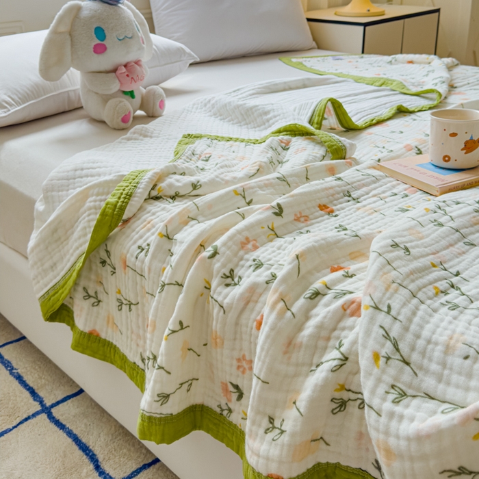 91家纺网 家纺一手货源 找家纺 乐家毛巾被（工厂自产自销） 2026新款全棉纯棉六层一体超柔泡泡纱多功能毯 春日花语