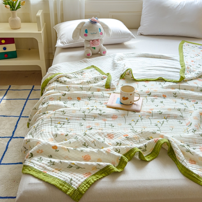 91家纺网 家纺一手货源 找家纺 乐家毛巾被（工厂自产自销） 2026新款全棉纯棉六层一体超柔泡泡纱多功能毯 春日花语