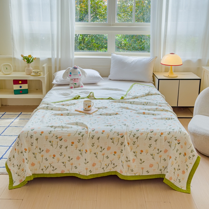 91家纺网 家纺一手货源 找家纺 乐家毛巾被（工厂自产自销） 2026新款全棉纯棉六层一体超柔泡泡纱多功能毯 春日花语