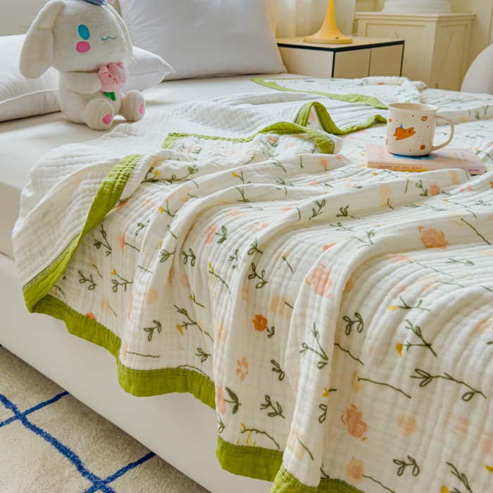 91家纺网 家纺一手货源 找家纺 乐家毛巾被（工厂自产自销） 2026新款全棉纯棉六层一体超柔泡泡纱多功能毯 春日花语