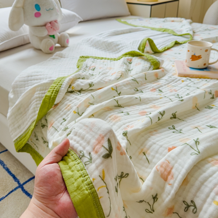 91家纺网 家纺一手货源 找家纺 乐家毛巾被（工厂自产自销） 2026新款全棉纯棉六层一体超柔泡泡纱多功能毯 春日花语