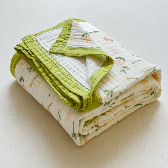 91家纺网 家纺一手货源 找家纺 乐家毛巾被（工厂自产自销） 2026新款全棉纯棉六层一体超柔泡泡纱多功能毯 春日花语