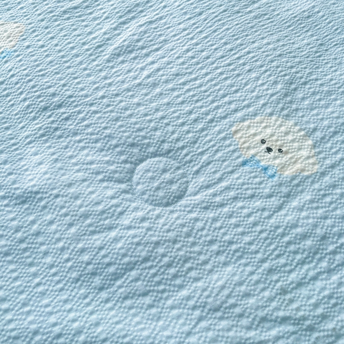 91家纺网 家纺一手货源 找家纺 梵朴 2026新款A类泡芙双层纱贝壳边床盖夏被四件套三角针夏凉被空调被 蓝色领结狗