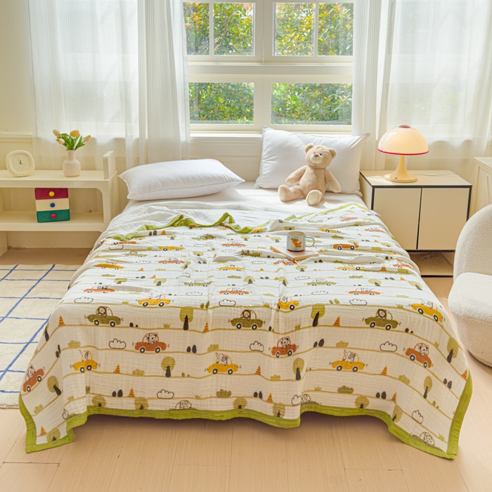 91家纺网 家纺一手货源 找家纺 乐家毛巾被（工厂自产自销） 2026新款全棉纯棉六层一体超柔泡泡纱多功能毯 动物汽车