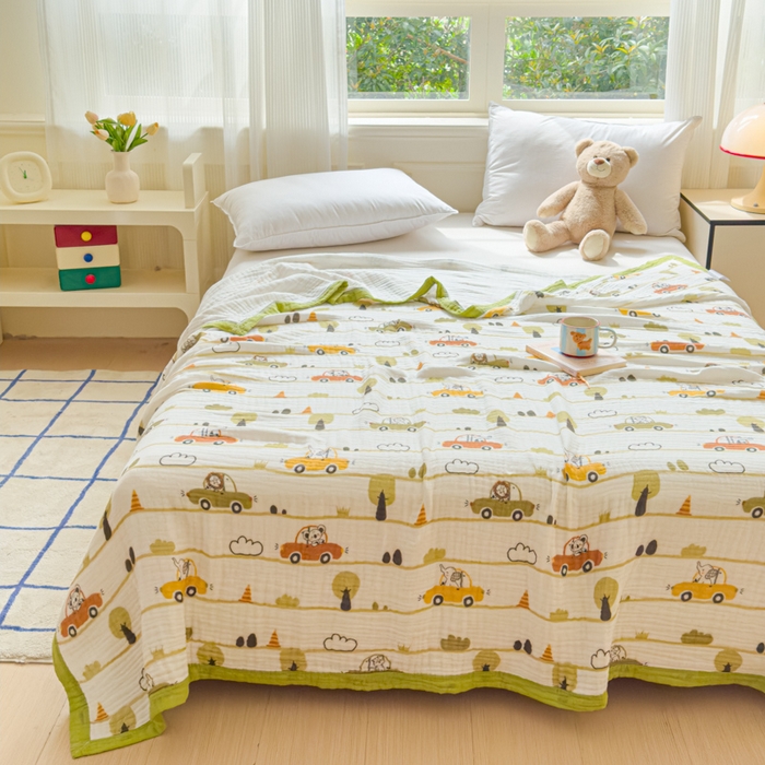 91家纺网 家纺一手货源 找家纺 乐家毛巾被（工厂自产自销） 2026新款全棉纯棉六层一体超柔泡泡纱多功能毯 动物汽车