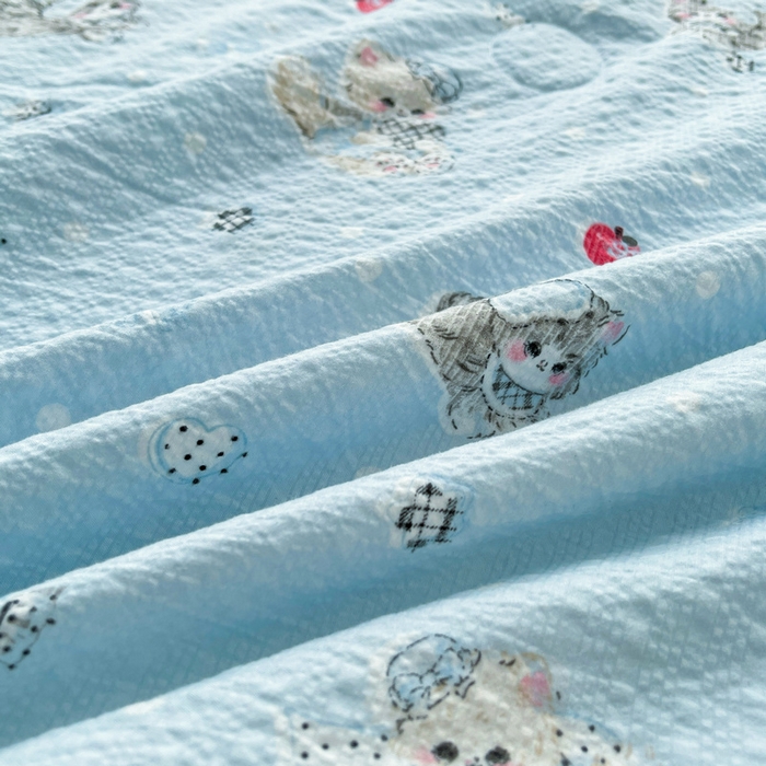 91家纺网 家纺一手货源 找家纺 梵朴 2026新款A类泡芙双层纱贝壳边床盖夏被四件套三角针夏凉被空调被 猫咪蓝