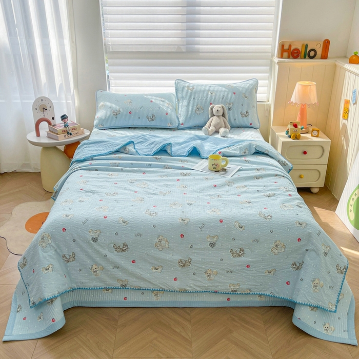 91家纺网 家纺一手货源 找家纺 梵朴 2026新款A类泡芙双层纱贝壳边床盖夏被四件套三角针夏凉被空调被 猫咪蓝