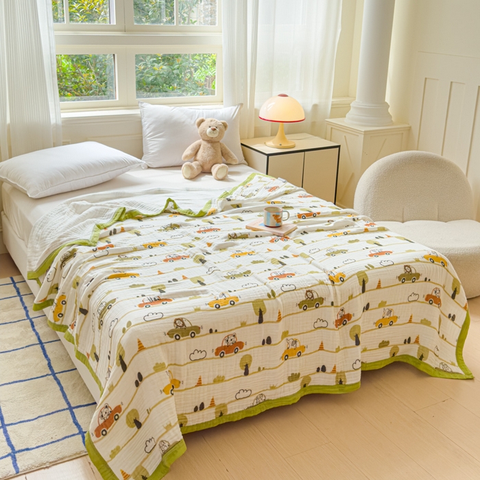 91家纺网 家纺一手货源 找家纺 乐家毛巾被（工厂自产自销） 2026新款全棉纯棉六层一体超柔泡泡纱多功能毯 动物汽车