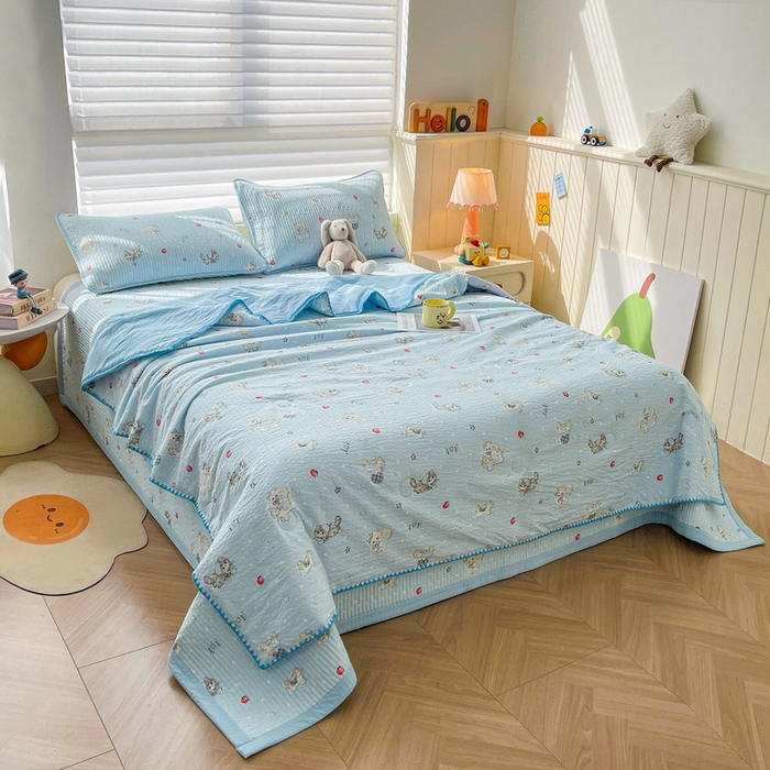 91家纺网 家纺一手货源 找家纺 梵朴 2026新款A类泡芙双层纱贝壳边床盖夏被四件套三角针夏凉被空调被 猫咪蓝