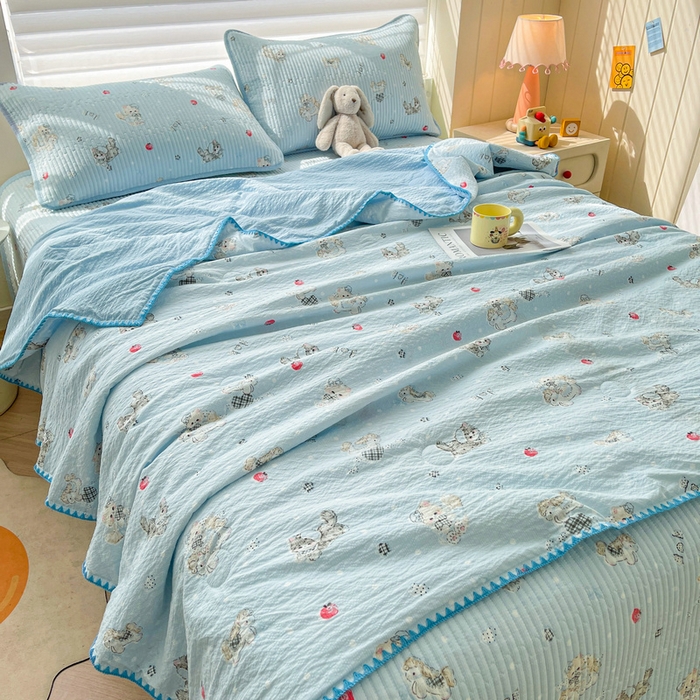 91家纺网 家纺一手货源 找家纺 梵朴 2026新款A类泡芙双层纱贝壳边床盖夏被四件套三角针夏凉被空调被 猫咪蓝