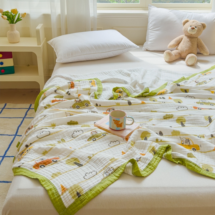 91家纺网 家纺一手货源 找家纺 乐家毛巾被（工厂自产自销） 2026新款全棉纯棉六层一体超柔泡泡纱多功能毯 动物汽车