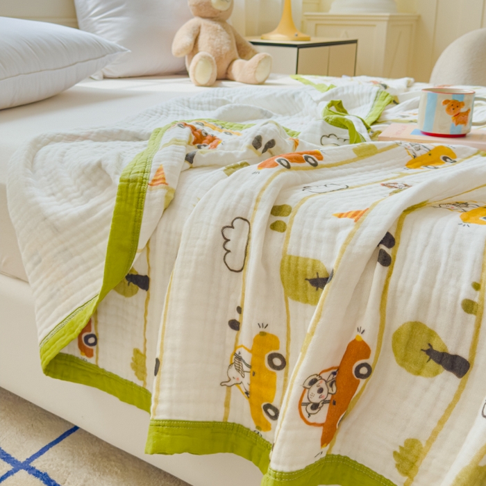 91家纺网 家纺一手货源 找家纺 乐家毛巾被（工厂自产自销） 2026新款全棉纯棉六层一体超柔泡泡纱多功能毯 动物汽车