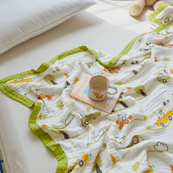 91家纺网 家纺一手货源 找家纺 乐家毛巾被（工厂自产自销） 2026新款全棉纯棉六层一体超柔泡泡纱多功能毯 动物汽车