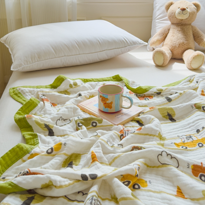 91家纺网 家纺一手货源 找家纺 乐家毛巾被（工厂自产自销） 2026新款全棉纯棉六层一体超柔泡泡纱多功能毯 动物汽车