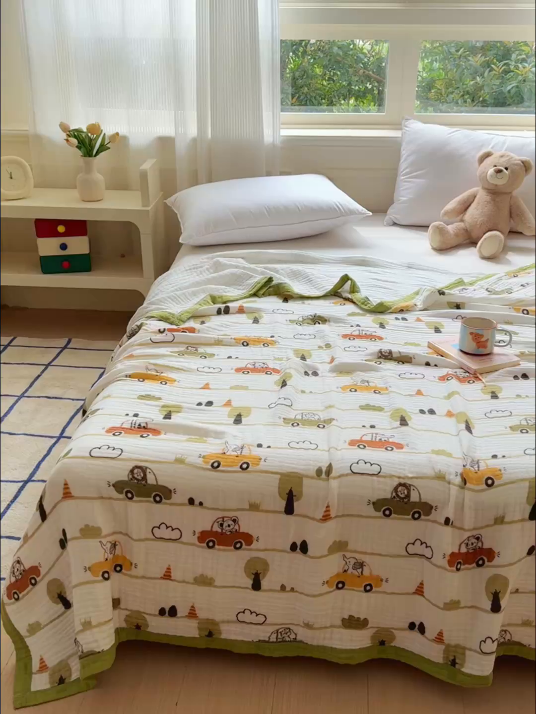 91家纺网 家纺一手货源 找家纺 乐家毛巾被（工厂自产自销） 2026新款全棉纯棉六层一体超柔泡泡纱多功能毯 动物汽车