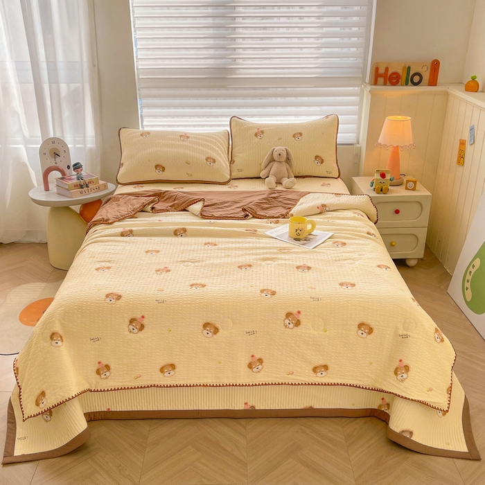 91家纺网 家纺一手货源 找家纺 梵朴 2026新款A类泡芙双层纱贝壳边床盖夏被四件套三角针夏凉被空调被 萌宠