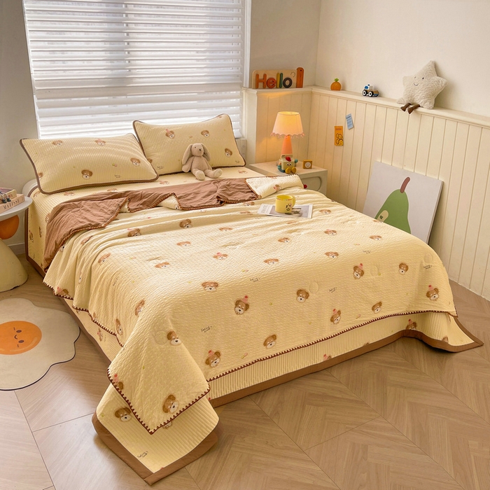 91家纺网 家纺一手货源 找家纺 梵朴 2026新款A类泡芙双层纱贝壳边床盖夏被四件套三角针夏凉被空调被 萌宠