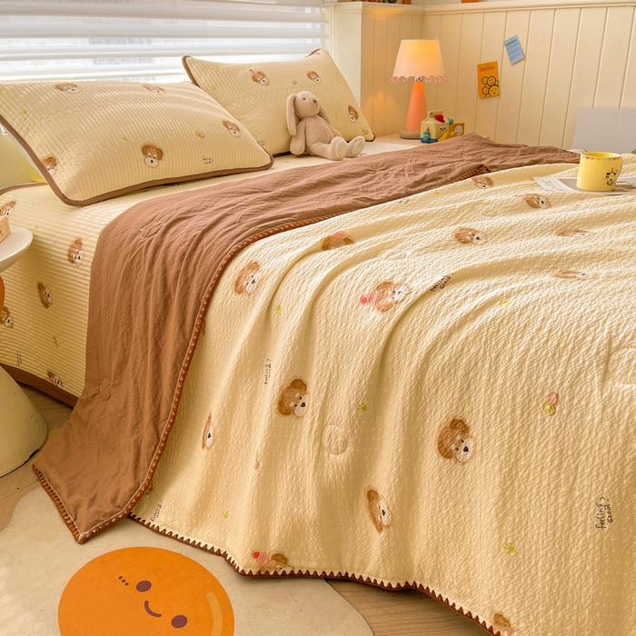 91家纺网 家纺一手货源 找家纺 梵朴 2026新款A类泡芙双层纱贝壳边床盖夏被四件套三角针夏凉被空调被 萌宠