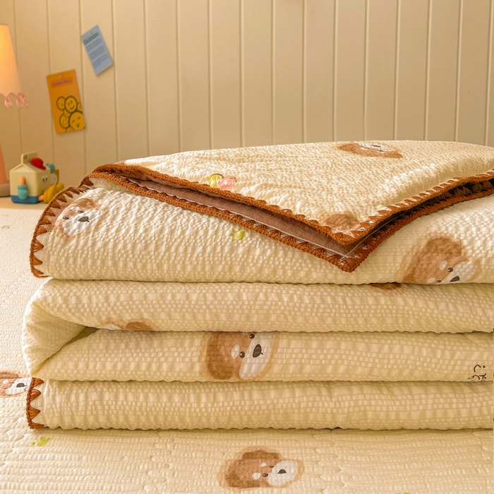 91家纺网 家纺一手货源 找家纺 梵朴 2026新款A类泡芙双层纱贝壳边床盖夏被四件套三角针夏凉被空调被 萌宠