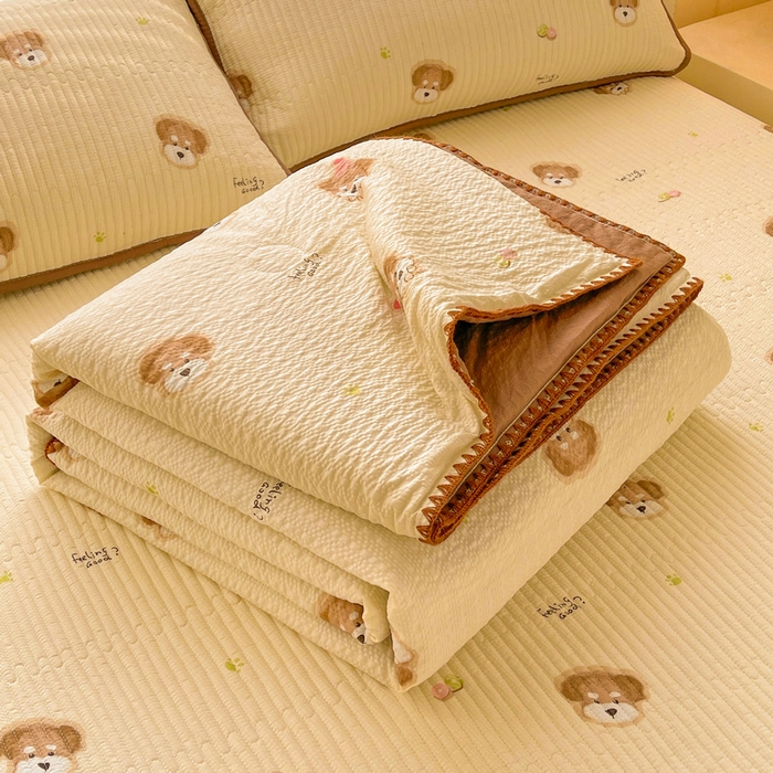 91家纺网 家纺一手货源 找家纺 梵朴 2026新款A类泡芙双层纱贝壳边床盖夏被四件套三角针夏凉被空调被 萌宠