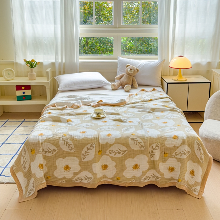 91家纺网 家纺一手货源 找家纺 乐家毛巾被（工厂自产自销） 2026新款全棉纯棉六层一体超柔泡泡纱多功能毯 繁花季