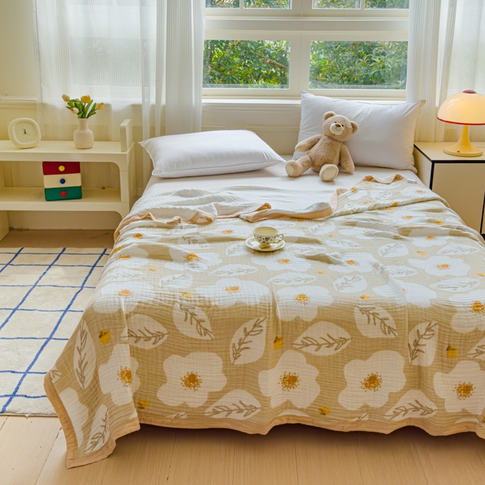 91家纺网 家纺一手货源 找家纺 乐家毛巾被（工厂自产自销） 2026新款全棉纯棉六层一体超柔泡泡纱多功能毯 繁花季