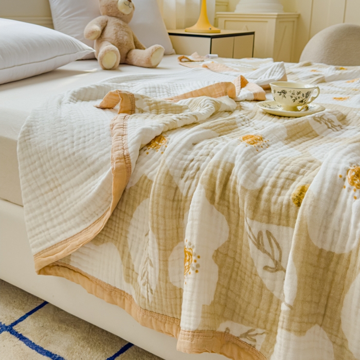 91家纺网 家纺一手货源 找家纺 乐家毛巾被（工厂自产自销） 2026新款全棉纯棉六层一体超柔泡泡纱多功能毯 繁花季