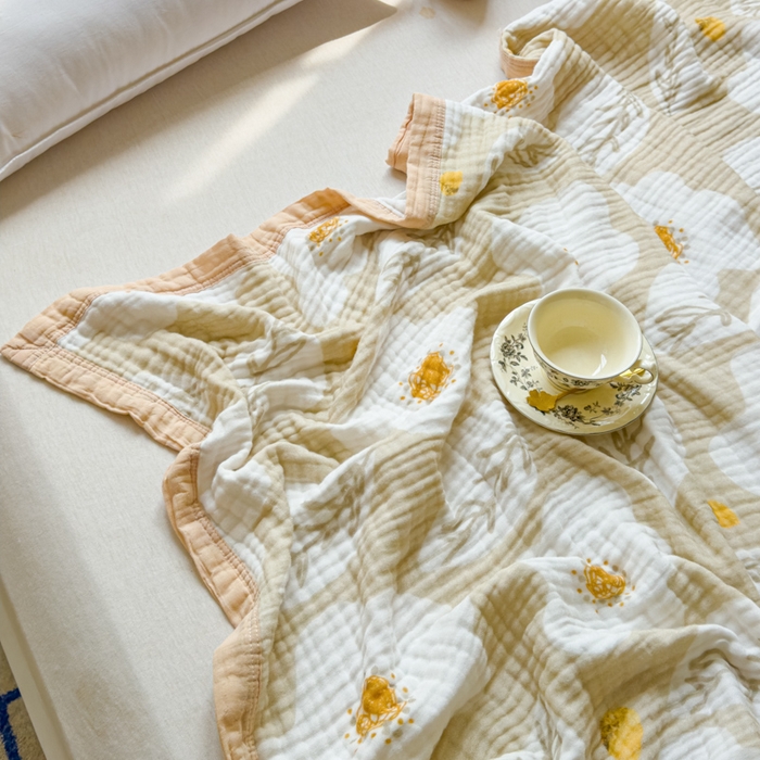 91家纺网 家纺一手货源 找家纺 乐家毛巾被（工厂自产自销） 2026新款全棉纯棉六层一体超柔泡泡纱多功能毯 繁花季