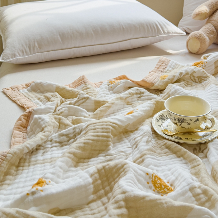 91家纺网 家纺一手货源 找家纺 乐家毛巾被（工厂自产自销） 2026新款全棉纯棉六层一体超柔泡泡纱多功能毯 繁花季