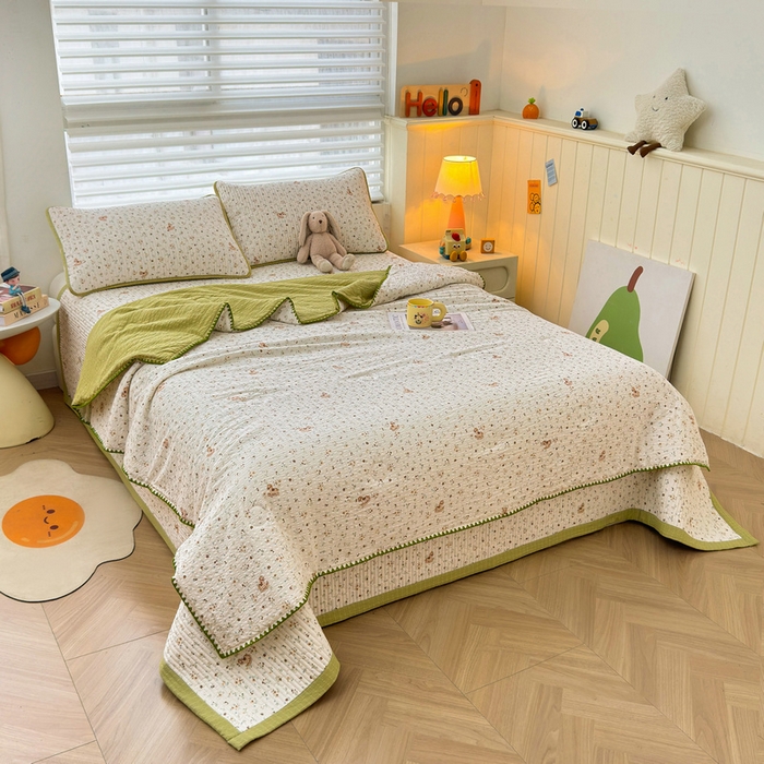 91家纺网 家纺一手货源 找家纺 梵朴 2026新款A类泡芙双层纱贝壳边床盖夏被四件套三角针夏凉被空调被 木马小花