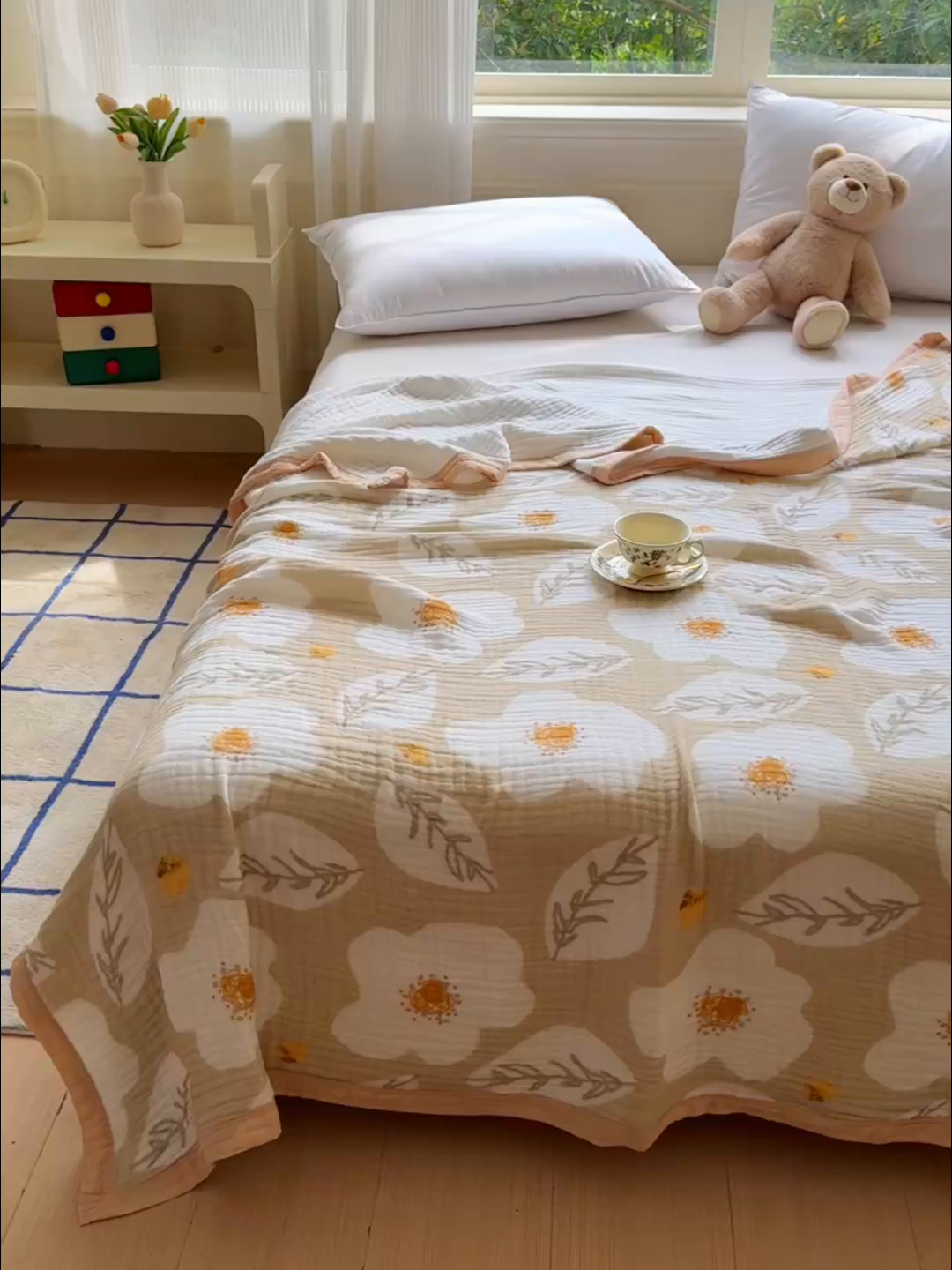 91家纺网 家纺一手货源 找家纺 乐家毛巾被（工厂自产自销） 2026新款全棉纯棉六层一体超柔泡泡纱多功能毯 繁花季