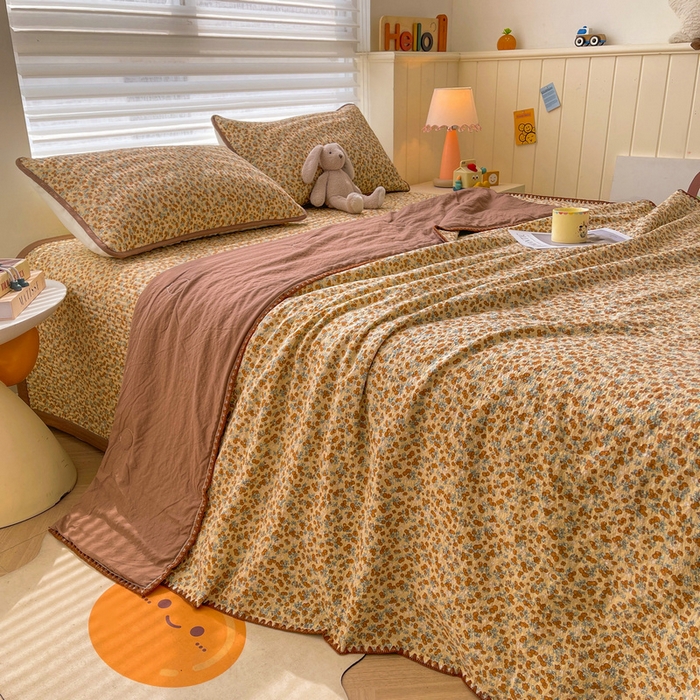 91家纺网 家纺一手货源 找家纺 梵朴 2026新款A类泡芙双层纱贝壳边床盖夏被四件套三角针夏凉被空调被 暖蔷枝