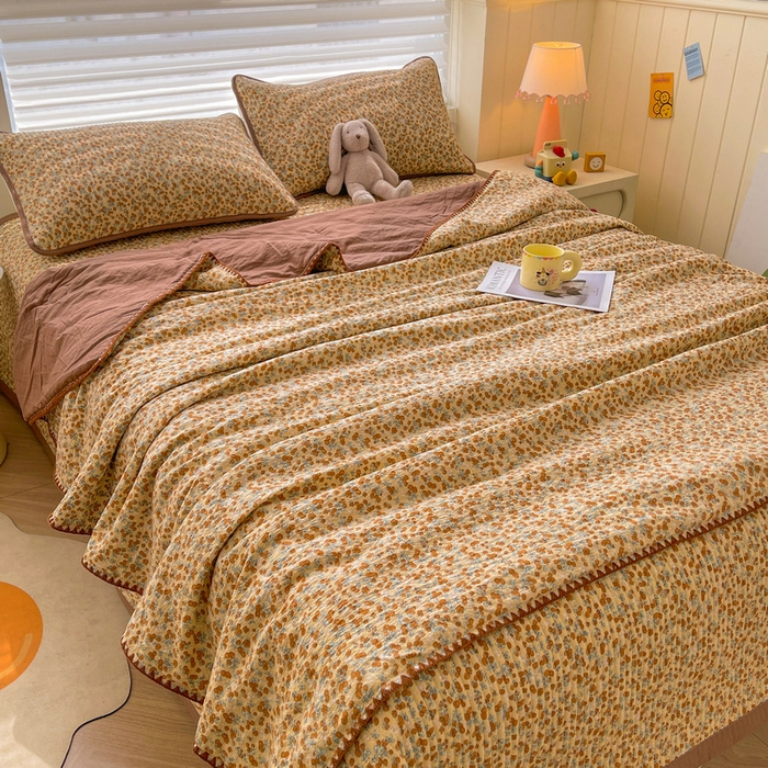 91家纺网 家纺一手货源 找家纺 梵朴 2026新款A类泡芙双层纱贝壳边床盖夏被四件套三角针夏凉被空调被 暖蔷枝