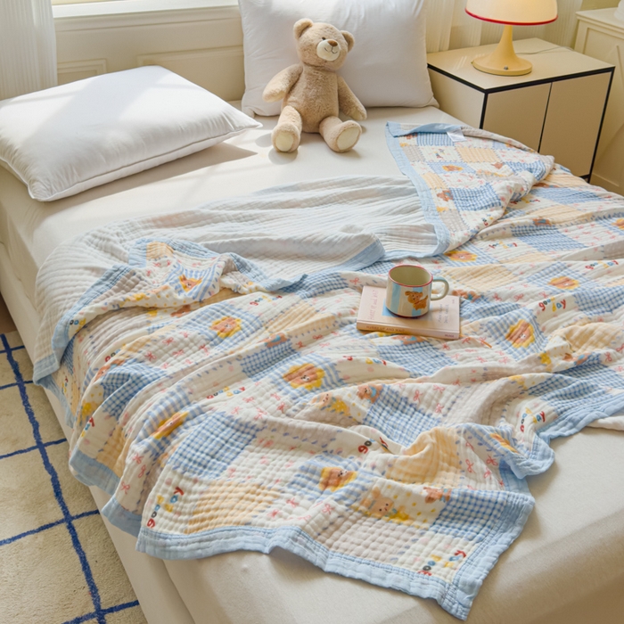 乐家毛巾被（工厂自产自销） 2026新款全棉纯棉六层一体超柔泡泡纱多功能毯 格子小熊