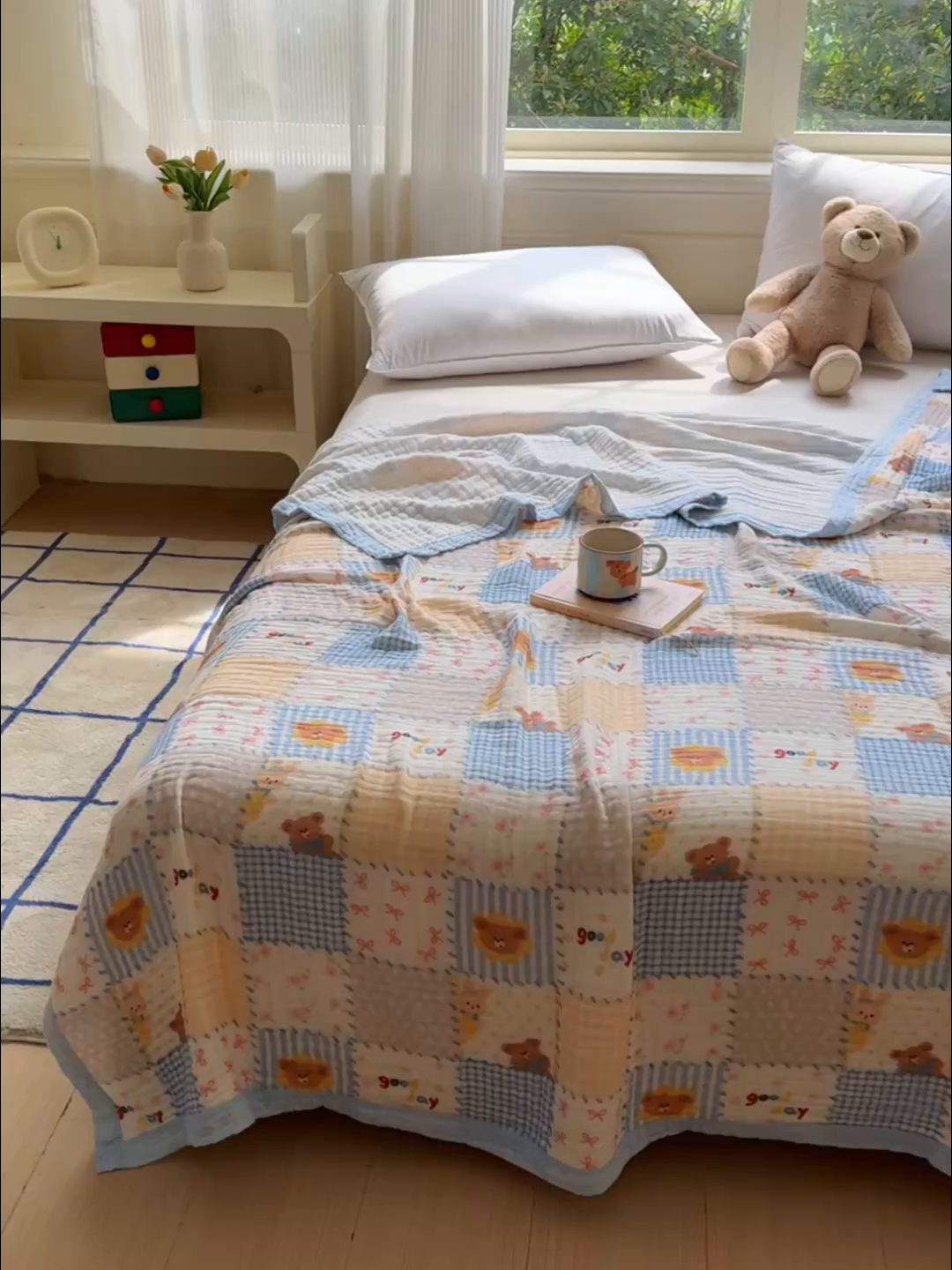 91家纺网 家纺一手货源 找家纺 乐家毛巾被（工厂自产自销） 2026新款全棉纯棉六层一体超柔泡泡纱多功能毯 格子小熊