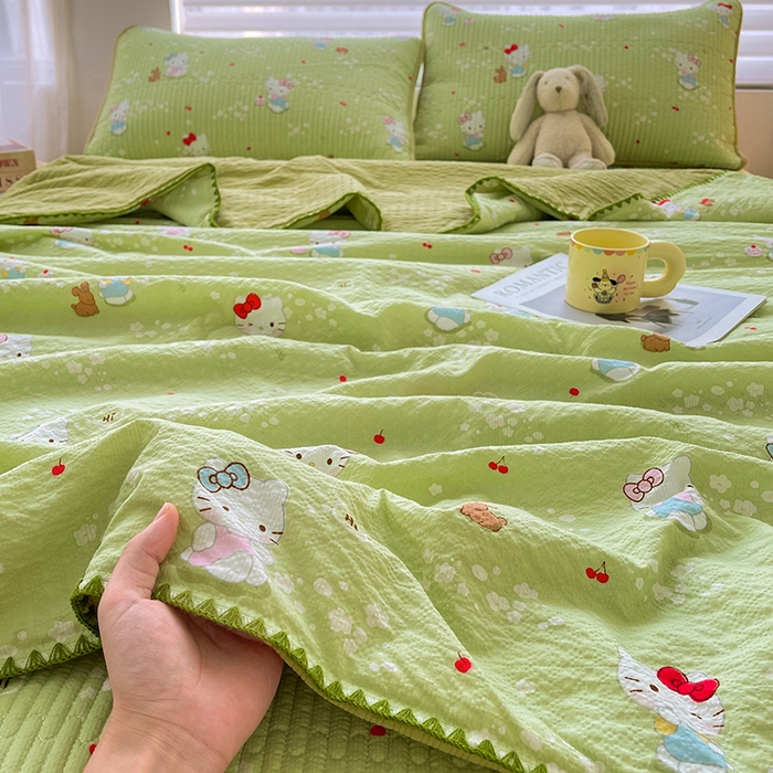 梵朴 2026新款A类泡芙双层纱贝壳边床盖夏被四件套三角针夏凉被空调被 泡芙KT-绿