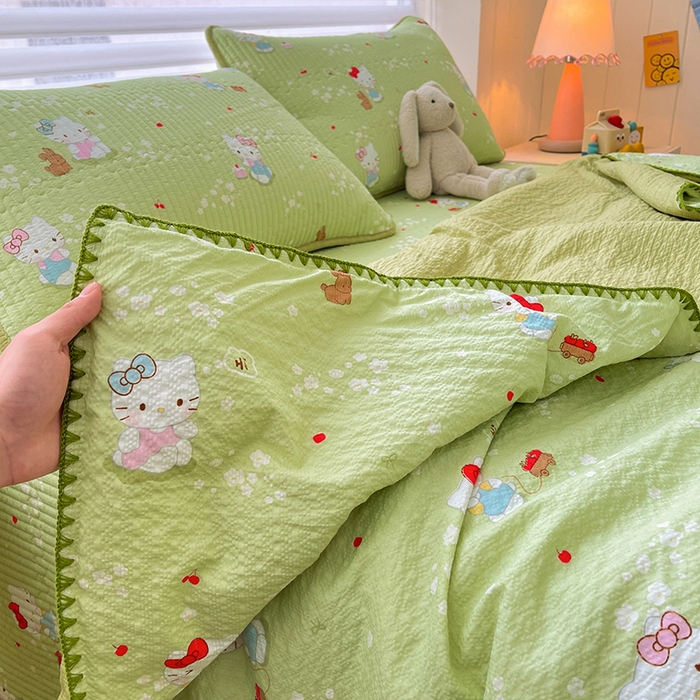 91家纺网 家纺一手货源 找家纺 梵朴 2026新款A类泡芙双层纱贝壳边床盖夏被四件套三角针夏凉被空调被 泡芙KT-绿