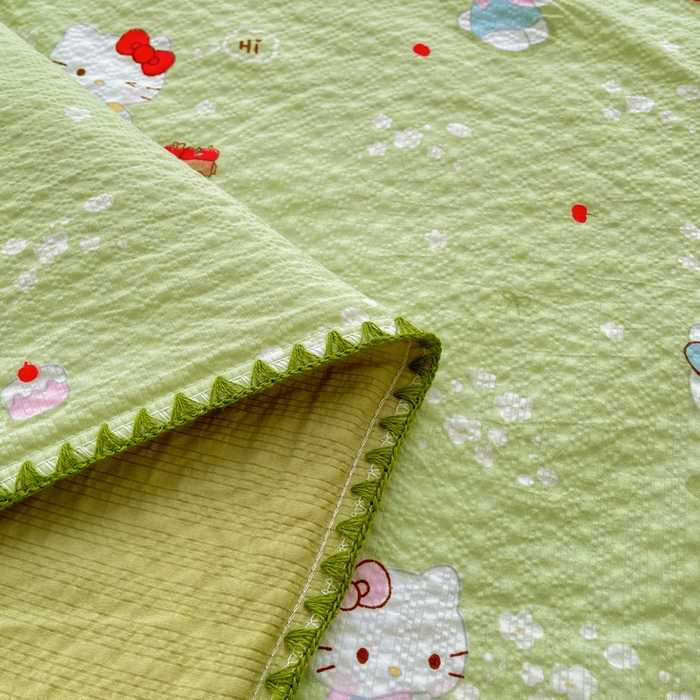 91家纺网 家纺一手货源 找家纺 梵朴 2026新款A类泡芙双层纱贝壳边床盖夏被四件套三角针夏凉被空调被 泡芙KT-绿