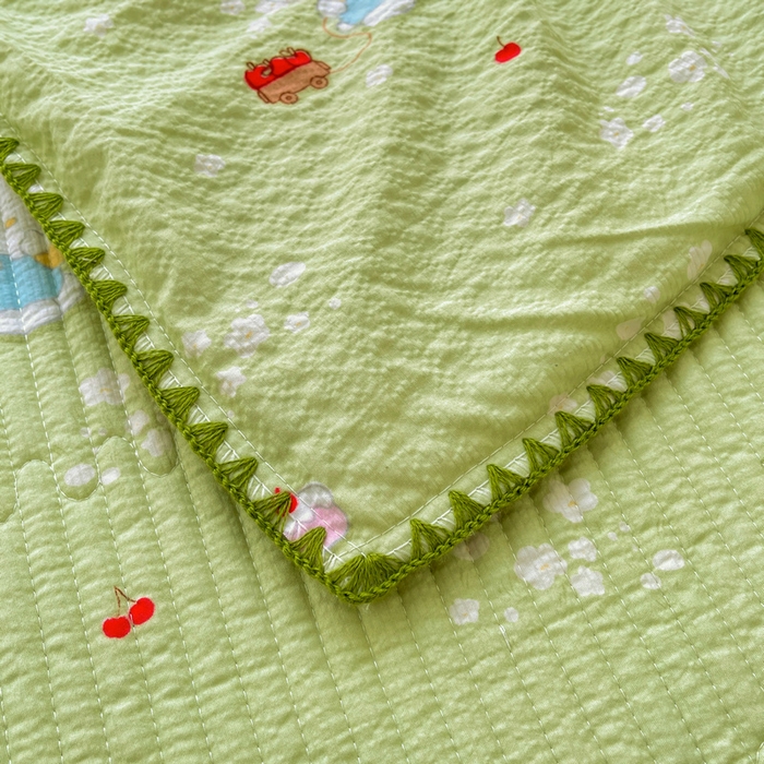 91家纺网 家纺一手货源 找家纺 梵朴 2026新款A类泡芙双层纱贝壳边床盖夏被四件套三角针夏凉被空调被 泡芙KT-绿