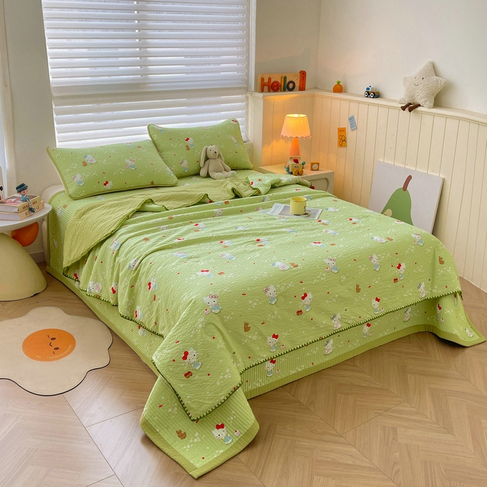 91家纺网 家纺一手货源 找家纺 梵朴 2026新款A类泡芙双层纱贝壳边床盖夏被四件套三角针夏凉被空调被 泡芙KT-绿