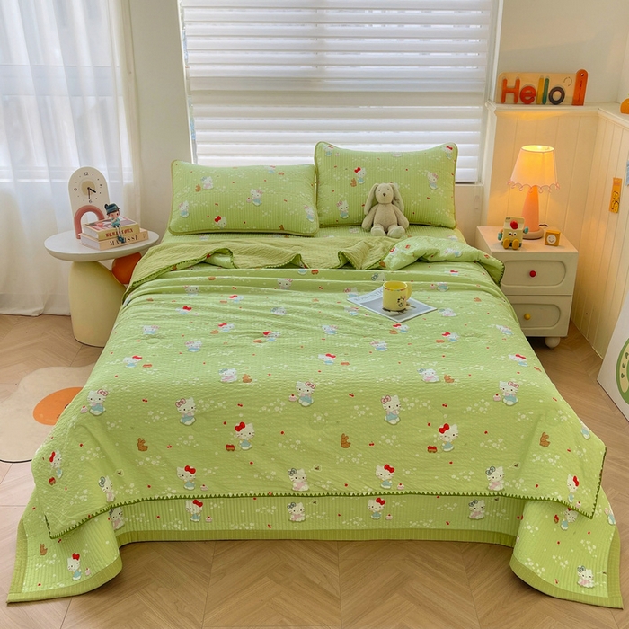 91家纺网 家纺一手货源 找家纺 梵朴 2026新款A类泡芙双层纱贝壳边床盖夏被四件套三角针夏凉被空调被 泡芙KT-绿