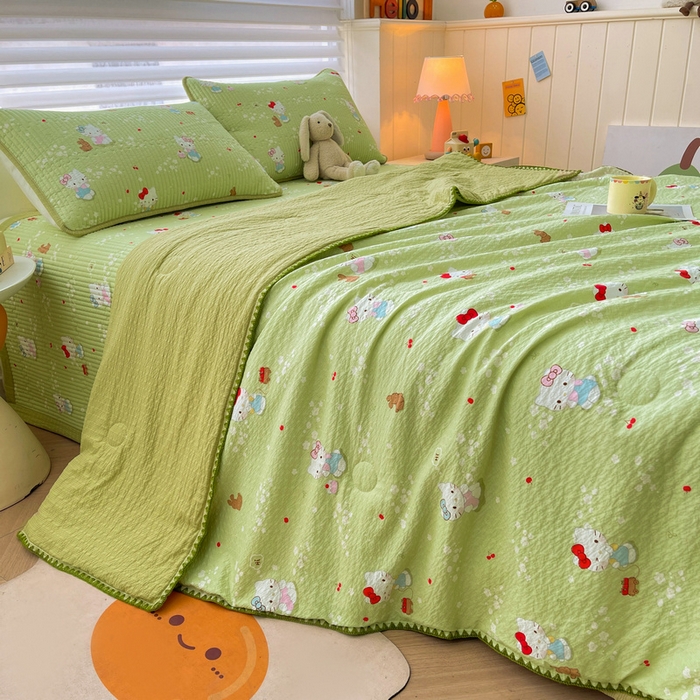 91家纺网 家纺一手货源 找家纺 梵朴 2026新款A类泡芙双层纱贝壳边床盖夏被四件套三角针夏凉被空调被 泡芙KT-绿