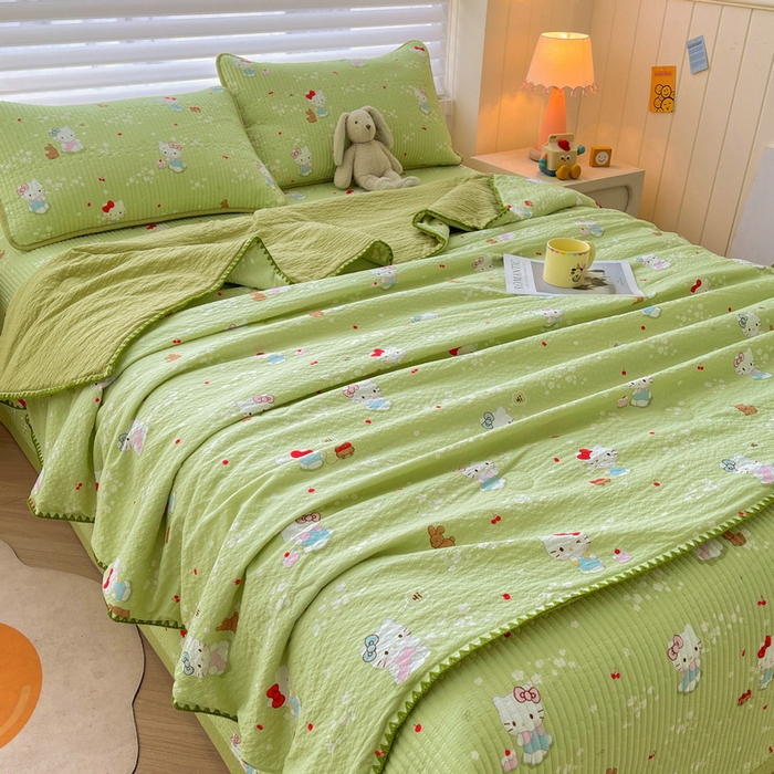 91家纺网 家纺一手货源 找家纺 梵朴 2026新款A类泡芙双层纱贝壳边床盖夏被四件套三角针夏凉被空调被 泡芙KT-绿