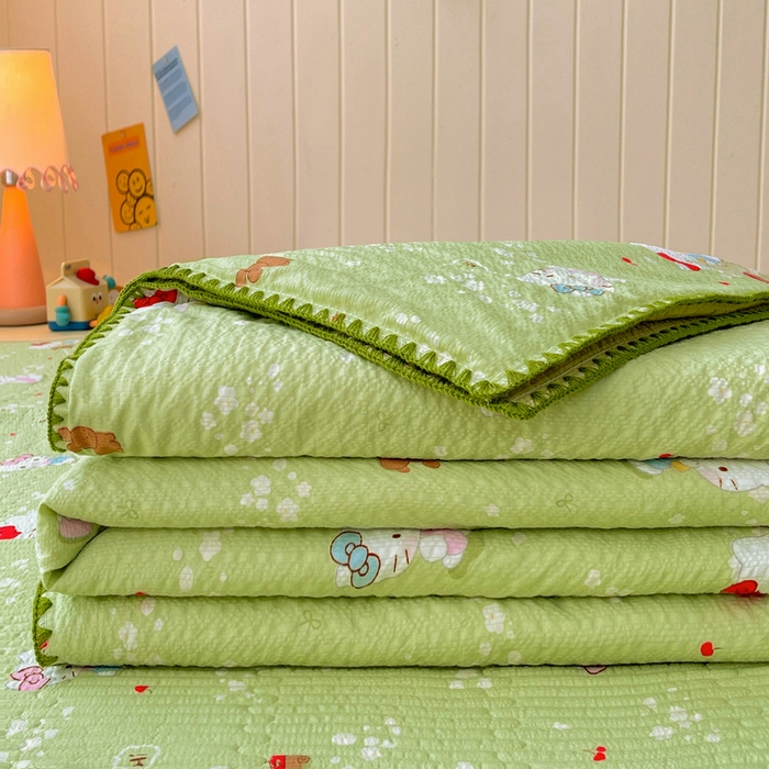 91家纺网 家纺一手货源 找家纺 梵朴 2026新款A类泡芙双层纱贝壳边床盖夏被四件套三角针夏凉被空调被 泡芙KT-绿