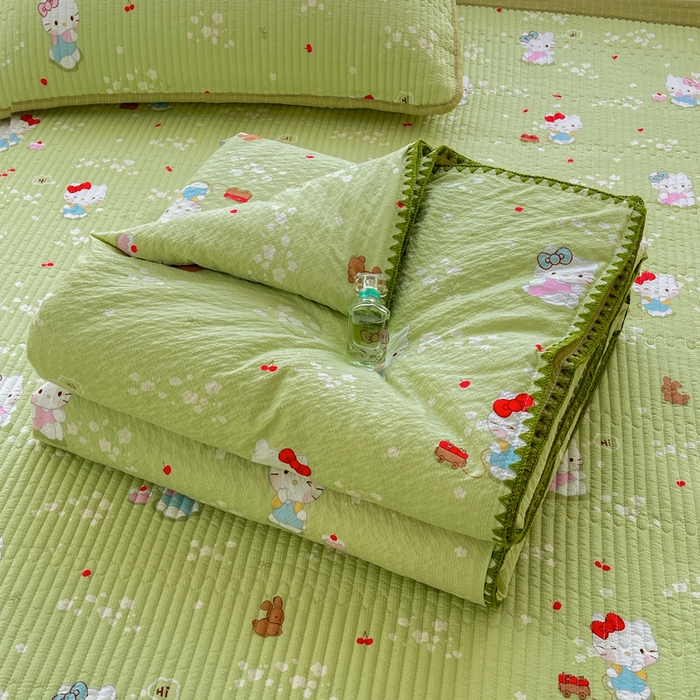 91家纺网 家纺一手货源 找家纺 梵朴 2026新款A类泡芙双层纱贝壳边床盖夏被四件套三角针夏凉被空调被 泡芙KT-绿